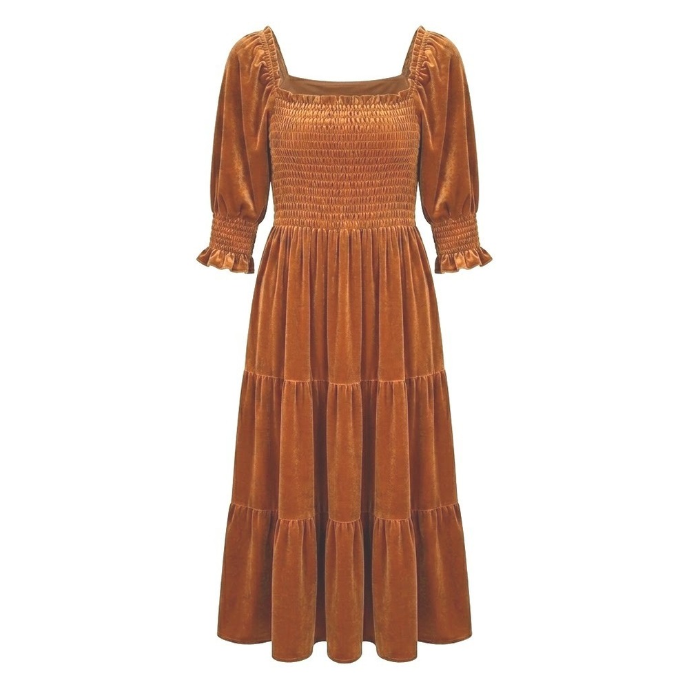NEW R. Vivimos Womens Large 12/14 Gold Velvet Smocked Puff Sleeve Midi Dress